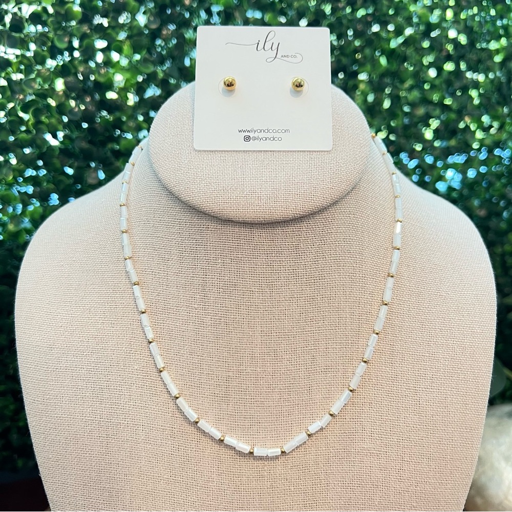 White and Gold Beaded Dainty Necklace and Earrings Set | Choker | Adjustable